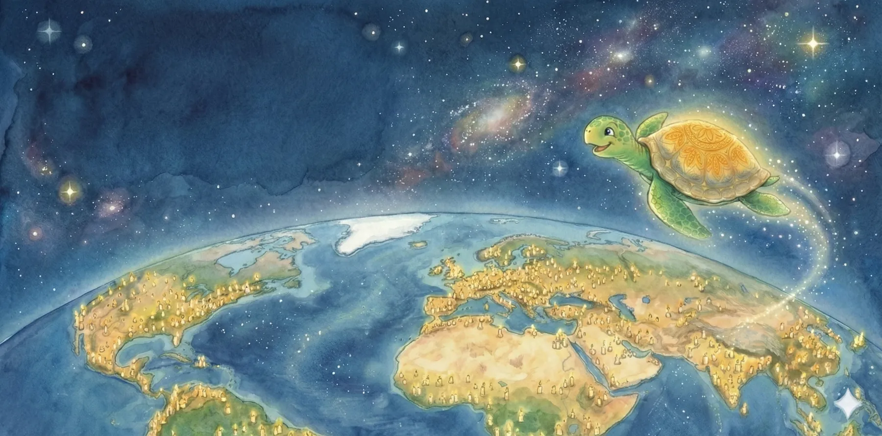 Die Honu schwebt über der Erde, auf der überall Lichter leuchten